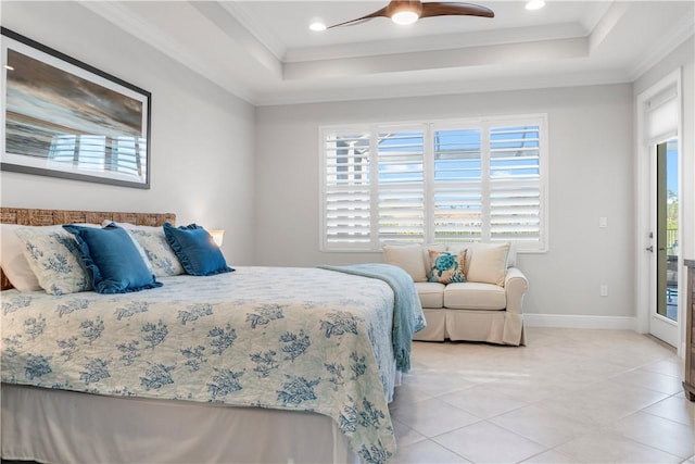 bedroom with light tile patterned floors, baseboards, ornamental molding, and a raised ceiling