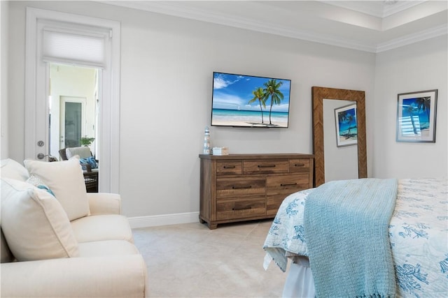 bedroom with light tile patterned floors, ornamental molding, and baseboards