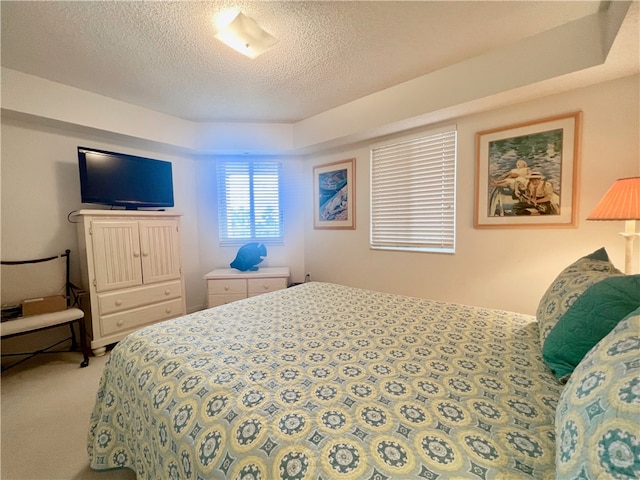 carpeted bedroom with a textured ceiling