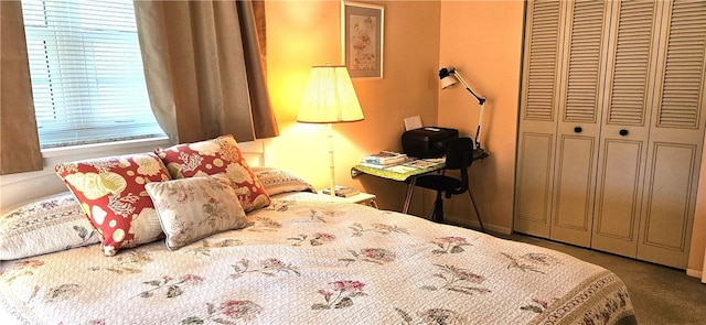 bedroom with carpet flooring and a closet