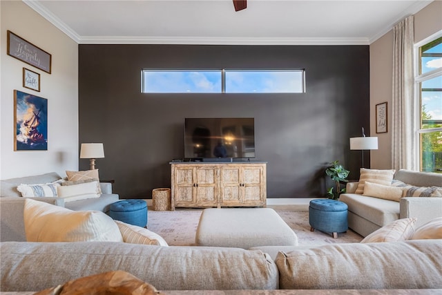 living room with crown molding