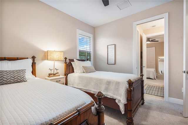 bedroom with light colored carpet and ceiling fan