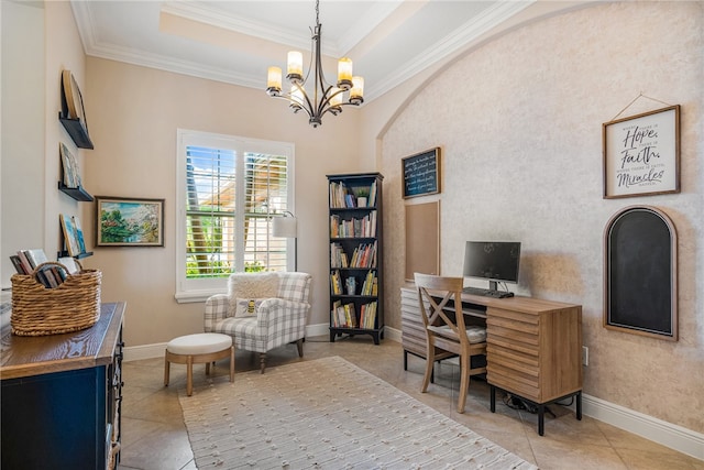 tiled office space featuring a chandelier, a raised ceiling, and ornamental molding