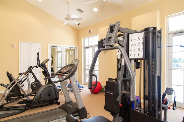 exercise room featuring ceiling fan, carpet floors, and lofted ceiling