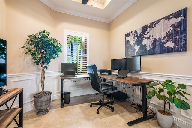 tiled home office featuring ornamental molding