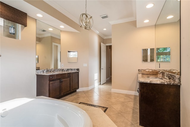 bathroom featuring vanity, crown molding, an inviting chandelier, tile patterned flooring, and a bathing tub