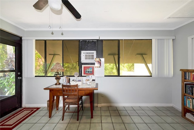 office space with ceiling fan and ornamental molding