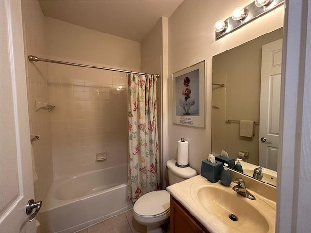 full bath featuring vanity, toilet, shower / tub combo with curtain, and tile patterned flooring