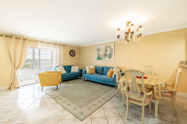 living room with ornamental molding, light tile patterned floors, and a chandelier