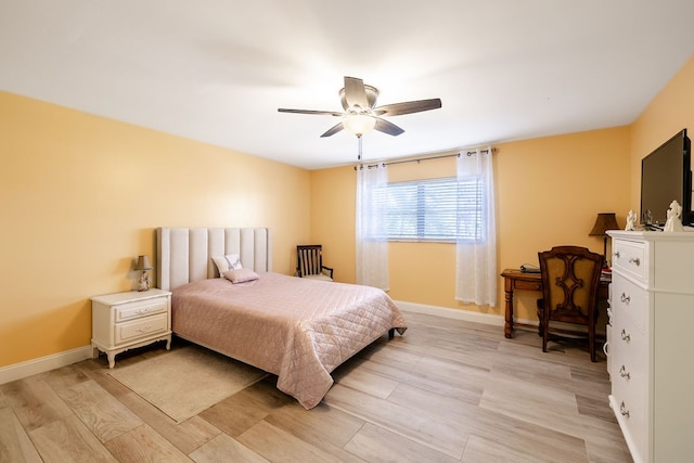 bedroom featuring ceiling fan and light wood-type flooring