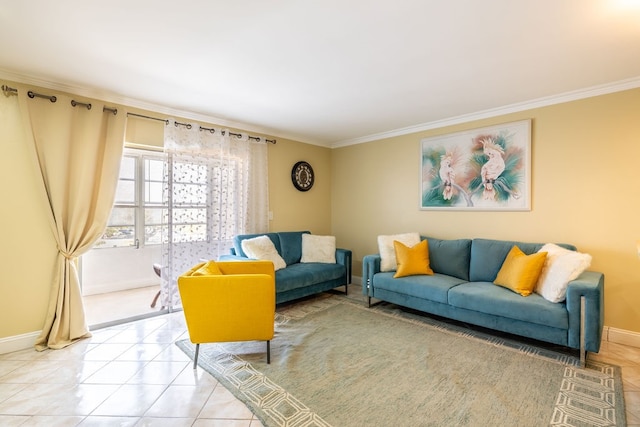 tiled living room featuring crown molding