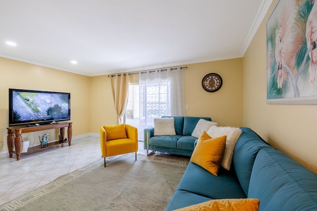 tiled living room with crown molding