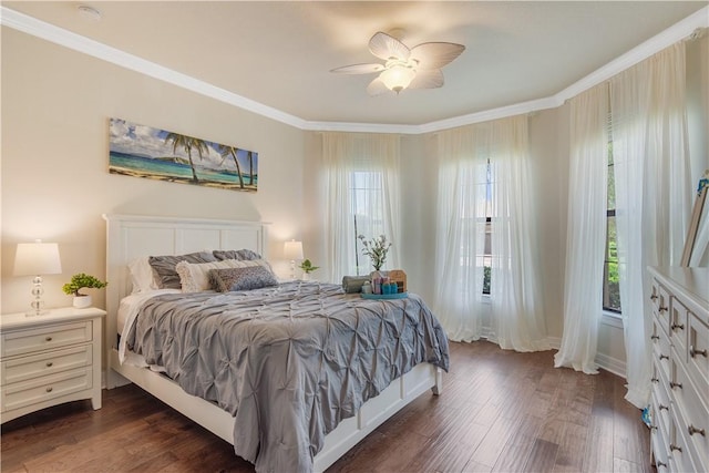 5417 Antigua Cir, Vero Beach, FL 32967 - bedroom featuring dark wood-style flooring, ornamental molding, and ceiling fan