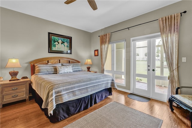 bedroom featuring light hardwood / wood-style flooring, french doors, ceiling fan, and access to exterior