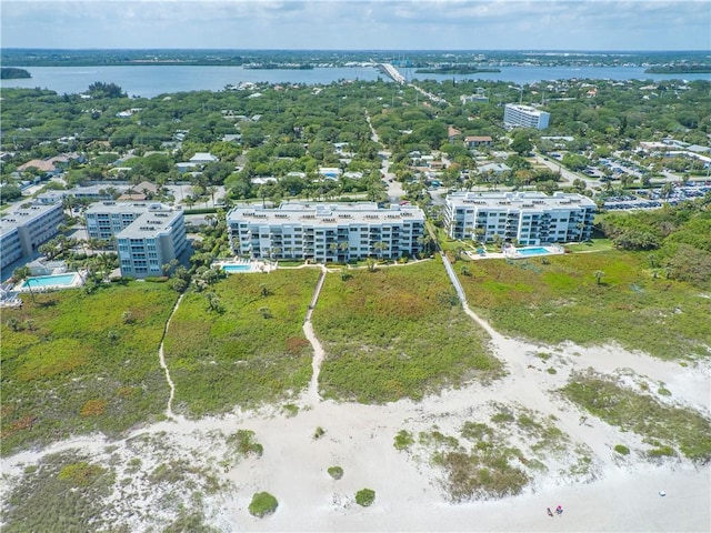 bird's eye view with a water view