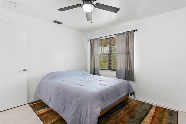 bedroom featuring a ceiling fan, visible vents, and baseboards