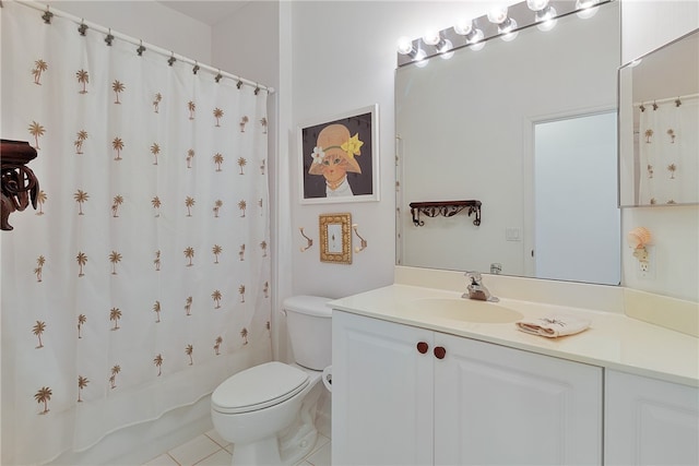 full bathroom with tile patterned flooring, vanity, toilet, and shower / bathtub combination with curtain