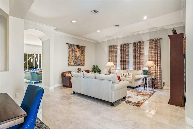 889 Island Club Sq, Vero Beach, FL 32963 - living area with arched walkways, ornamental molding, recessed lighting, baseboards, and light marble finish flooring