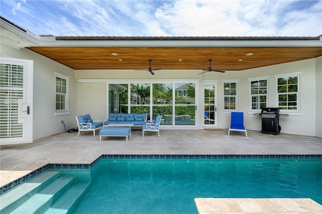 40 White Orchid Way, Vero Beach, FL 32963 - outdoor pool featuring outdoor lounge area, a ceiling fan, a grill, and a patio