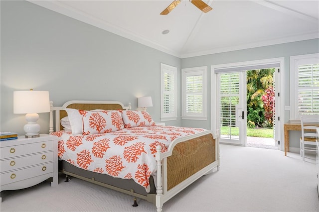 40 White Orchid Way, Vero Beach, FL 32963 - bedroom featuring access to outside, vaulted ceiling, light colored carpet, and a ceiling fan