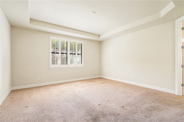 empty room with carpet flooring and a tray ceiling