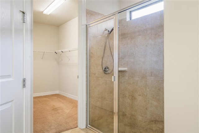 bathroom with a shower with door