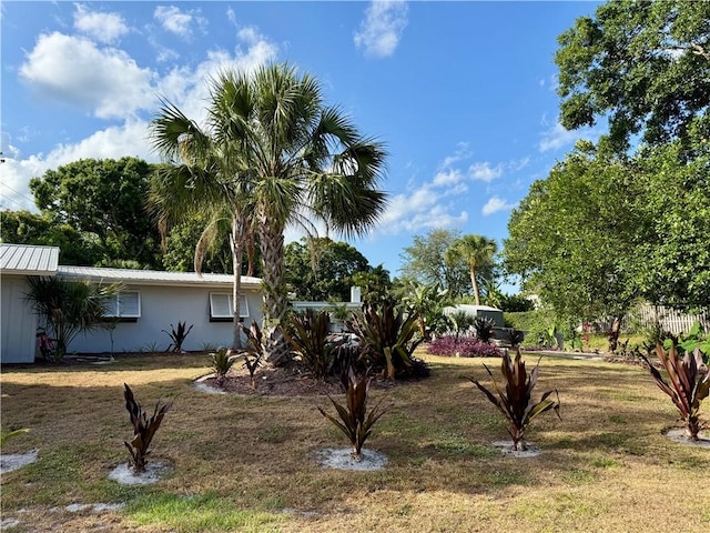 view of front of home featuring metal roof, fence, and a front yard
