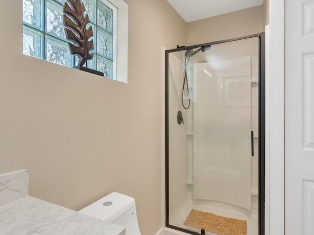 full bathroom featuring a shower stall and toilet