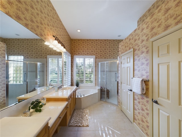 bathroom with a shower stall, a bath, and wallpapered walls