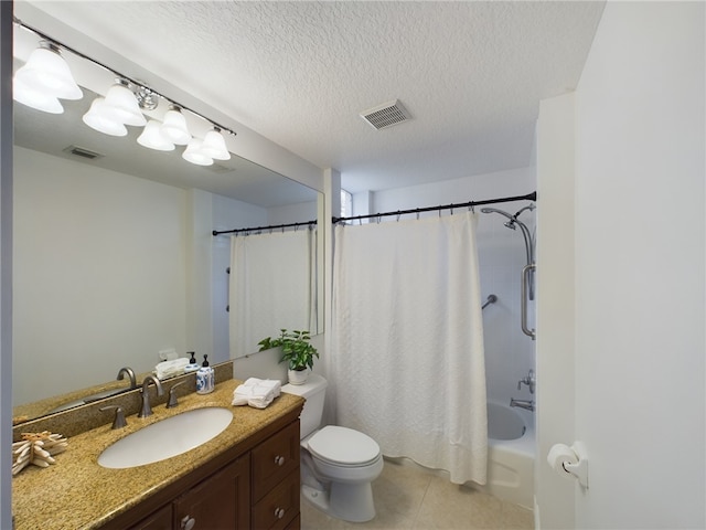 full bath with visible vents, shower / bathtub combination with curtain, vanity, and tile patterned floors