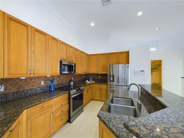 kitchen with stainless steel appliances, a sink, backsplash, and dark stone countertops