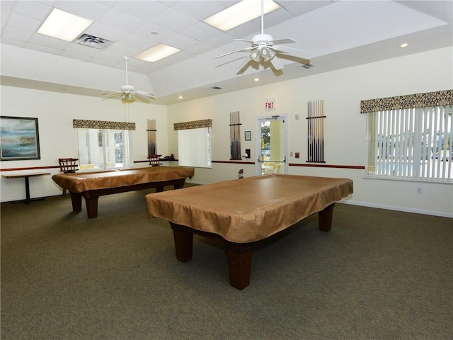 game room featuring ceiling fan, pool table, and a healthy amount of sunlight