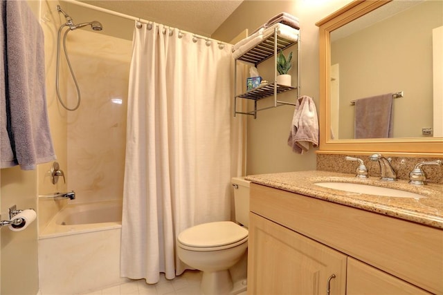 full bathroom with tile patterned flooring, shower / tub combo with curtain, vanity, and toilet