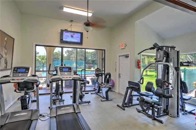 exercise room featuring ceiling fan