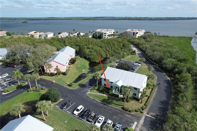 aerial view featuring a water view