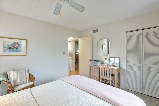 bedroom with ceiling fan and a closet