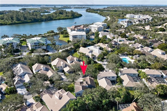 drone / aerial view featuring a water view