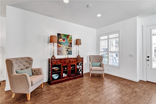 living area with wood-type flooring and a textured ceiling