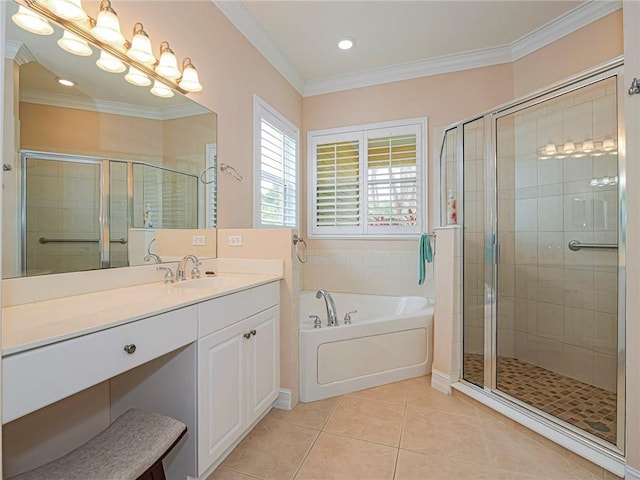 4570 Bridgepointe Way Unit 148, Vero Beach, FL 32967 - bathroom with a shower stall, a bath, vanity, tile patterned floors, and crown molding