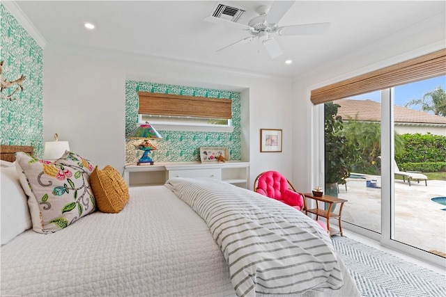 bedroom with ornamental molding, access to exterior, and ceiling fan