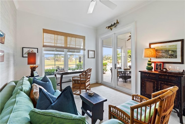 interior space featuring crown molding, a healthy amount of sunlight, ceiling fan, and french doors