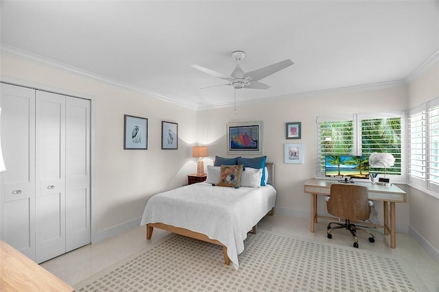 976 25th St, Vero Beach, FL 32960 - bedroom featuring crown molding, a closet, an office area, a ceiling fan, and tile patterned floors