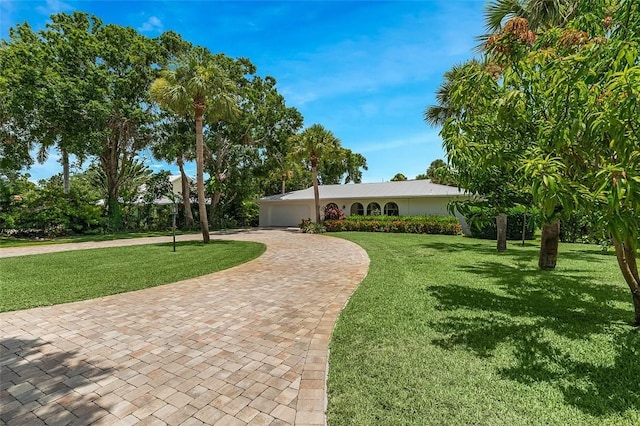 976 25th St, Vero Beach, FL 32960 - ranch-style home with curved driveway, a front yard, and a garage