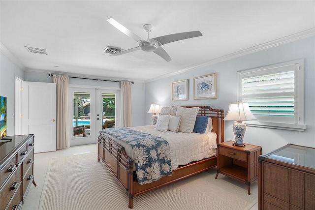 976 25th St, Vero Beach, FL 32960 - bedroom featuring access to exterior, ornamental molding, french doors, and a ceiling fan