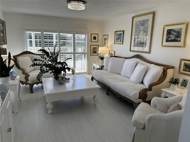 living room with a textured ceiling