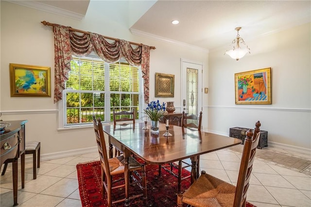 dining area featuring recessed lighting, light tile patterned flooring, crown molding, and baseboards