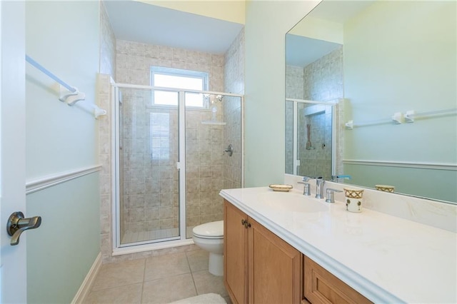 bathroom with tile patterned flooring, a shower stall, vanity, and toilet