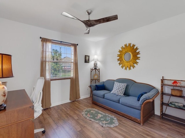 home office featuring ceiling fan and wood-type flooring