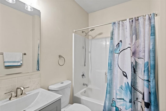 bathroom featuring decorative backsplash, shower / bath combo with shower curtain, toilet, and vanity