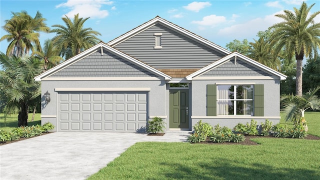 view of front of property with concrete driveway, stucco siding, a garage, and a front lawn